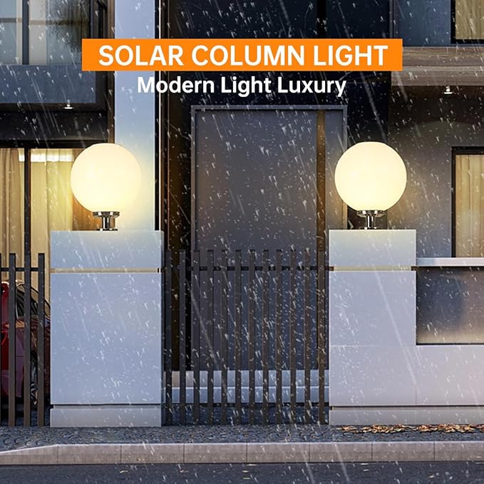 Solar Post Cap Lights Outdoor, 11.8" Fence Pedestal Globe Post Lamp, Stainless Steel IP65 Waterproof External Column Light, Vintage LED dimmable Pillar Lights for Farmhouse Lawn Road Driveway