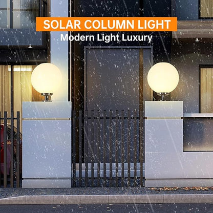 Solar Post Cap Lights Outdoor, 11.8" Fence Pedestal Globe Post Lamp, Stainless Steel IP65 Waterproof External Column Light, Vintage LED dimmable Pillar Lights for Farmhouse Lawn Road Driveway