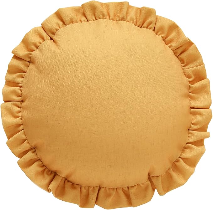 ISAENNE Classic Yellow Round Throw Pillow Cover Diameter 16", Solid Color Farmhouse Linen Cotton Decoration Pillow Cover with Ruffles, Sturdy Throw Pillow Case for Couch Sofa Bed Living Room