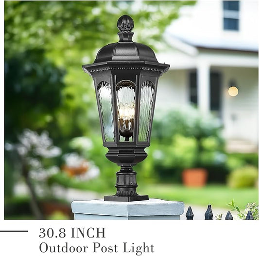 Emliviar Exterior 3-Light E12 Base Post Lamp Outdoor Light Fixture for Walkway, 30.8" Vintage Lamp Post Outdoor Lighting, Matte Black with Water Ripple Glass Shade, XE304P BK-SW