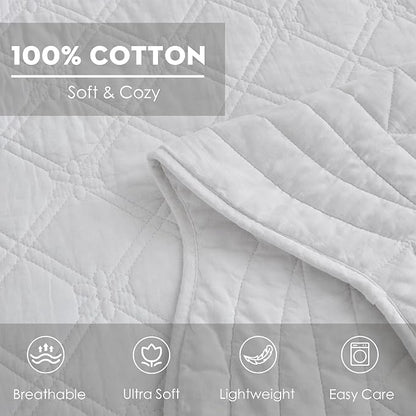CHIXIN Oversized Cotton Bedspread Queen Size - Real Stitching - Luxury Quilted Bedding Cover for All Season, Reversible, Ultra Soft, Lightweight, 3 Piece, Pure White