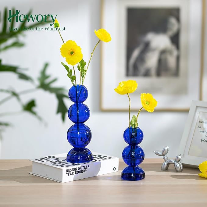Glass Bubble Vases for Flowers, Hewory 2pcs Blue Unique Cute Single Flower Vase for Centerpieces, Funky Aesthetic Vase Skinny Bud Vase, Cool Groovy Decor for Home Living Room Bedroom Office Tabletop
