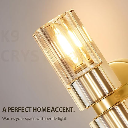 Crystal Wall Sconces Set of Two, 13'' Modern Brass Sconces Lighting with K9 Crystal Lampshade, Indoor Large Brass Wall Light Fixtures for Living Room Bathroom Hallway Stairs Bedroom