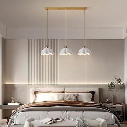 3-Light Hanging Pendant Light Fixtures Gold Kitchen Island Lighting Vintage Milk Glass Light Adjustable White Wave Ceramic Hanging Ceiling Light Nordic Retro Ceiling Lamp MPL11-3S GD