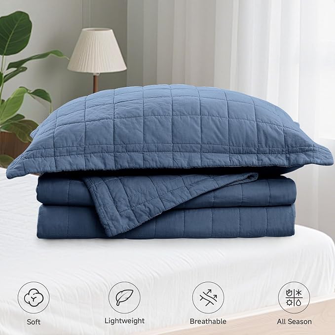 Quilt King Size Bedding Sets - 100% Cotton Lightweight Luxury Comforter Set, Oversized Stitching Quilted Bedspread Coverlet Sets with 2 Pillowcase Suitable for All Season, Blue