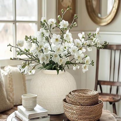 9" Large Rustic Vase with Linear Sculpture and Rich Sand Texture, Round Ceramic Vase with Wide Belly for Space Filling Decor, Retro Style & Beige White