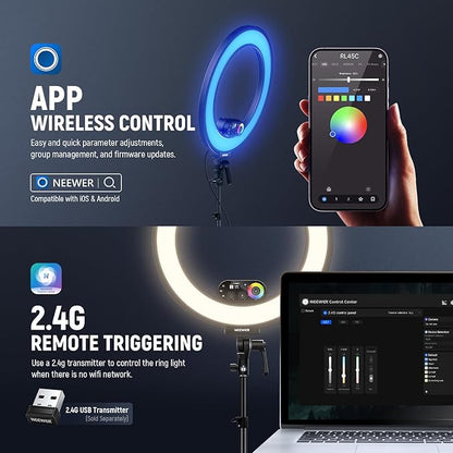 NEEWER RL45C 18" Edge Lit 45W RGB LED Ring Light with Phone Tripod Stand Remote CRI95+ 3100lux/0.5m 2500K–10000K 360° Full Colors App/2.4G Control Compatible with iPhone Selfie Makeup Video Recording
