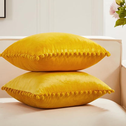 Deconovo Velvet Throw Pillow Covers, Set of 2, Decorative Pom-poms Soft with Invisible Zipper Cover for Sofa,Yellow,22x22 Inch