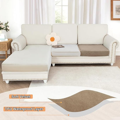 NAISI Waterproof Couch Cushion Covers Thick Velvet Fabric Washable Sofa Slipcovers 1 Piece Individual Sectional Couch Covers with Elastic Bottom(1 PC for Seat Cushion or Backrest,Sand)