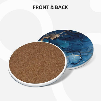 6 Pcs Ceramic Coasters with Holder Absorbent Drink Round Navy Blue Gold Marble Agate Style Design for Home Table Coffee Cup Wine Beer Bar,Size 4.4 inches