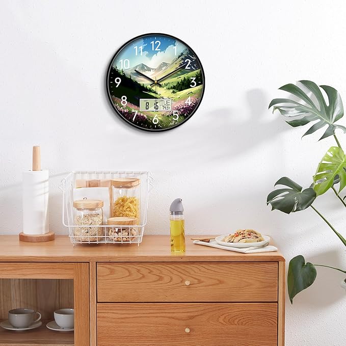 Digital Large Display Silent Wall Clock with Temperature Date Mountain Flowers Modern Non-ticking Battery Operated Mount Clocks Bathroom Kitchen Clock Farmhouse Living Room Office Decor 14 Inch