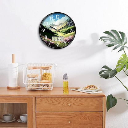Digital Large Display Silent Wall Clock with Temperature Date Mountain Flowers Modern Non-ticking Battery Operated Mount Clocks Bathroom Kitchen Clock Farmhouse Living Room Office Decor 14 Inch