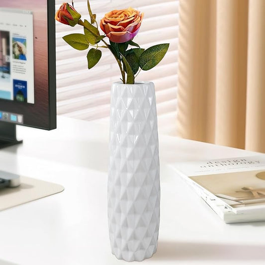 12Inch Tall Ceramic White Flower Vases,Home Decor White Vase for Pampas Grass,Modern Textured Vases for Living Room Decorations,Table Centerpieces,Shelf,Farmhouse Small Ceramic Vase