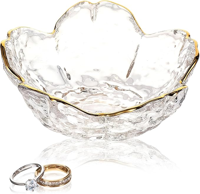 Ouligay Small Cute Jewelry Dish Tray Flower Jewelry Ring Dish Trinket Tray Ring Holder for Women Glass Jewelry Plate Dish with Gilt-Edged Blossom Design Gift for Wife Mom Daughter(Transparent)