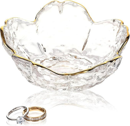 Ouligay Small Cute Jewelry Dish Tray Flower Jewelry Ring Dish Trinket Tray Ring Holder for Women Glass Jewelry Plate Dish with Gilt-Edged Blossom Design Gift for Wife Mom Daughter(Transparent)