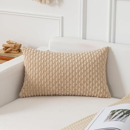 Kevin Textile 16x24 Inch Pillow Cover 1 Pack Boho Decorative Soft Striped Corduroy Lumbar Farmhouse Solid Color Accent Rectangle Cushion Case for Living Room Couch Sofa Bed, Beige