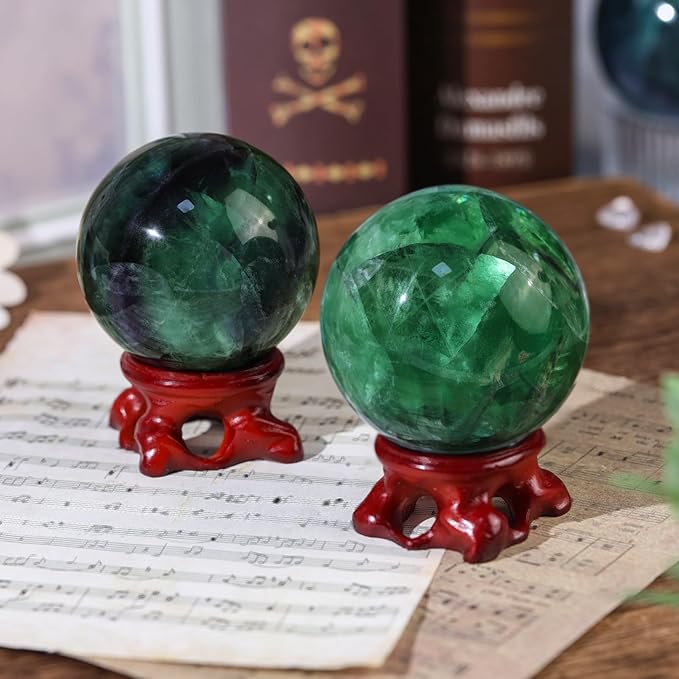 Sportmusies Natural Fluorite Stone Ball with Resin Base, Polished Fluorite Sphere Figurine Desk Home Reiki Healing Decoration, 2-2.36 inches