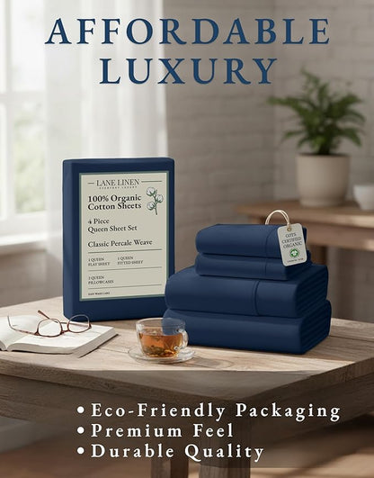 LANE LINEN Eco Friendly 100% Organic Cotton Bed Sheets Queen Size, Soft & Comfy Percale Weave, Fully Elasticized Mercerized Naturally Cooling Cotton Sheets Queen Size Set- Navy