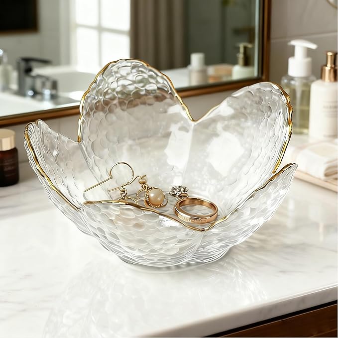 Clear Flower Jewelry Dish Tray Glass Ring Dish Jewlery Tray Cute Bathroom Trinket Dish Jewely Bowl Nightstand Decor Jewerly Plate Ring Holder Christmas Friendship Birthday Gifts for Women