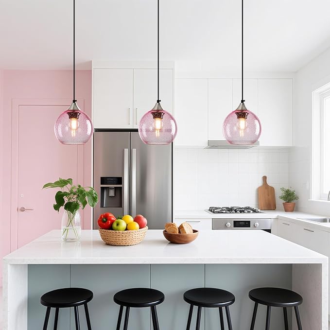 Pink Glass Pendant Lights Kitchen Island Globe Pendant Light Fixtures Modern Pendant Lighting for Bedroom Living Dining Room Light Fixture (5.9 in, 1 Pack)