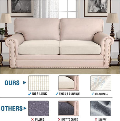 H.VERSAILTEX Super Stretch Individual Seat Cushion Covers Sofa Covers Couch Covers Slipcover Sets Thick Jacquard Textured Twill Fabric (2 Piece Large Sofa Cushion Covers, Natural)