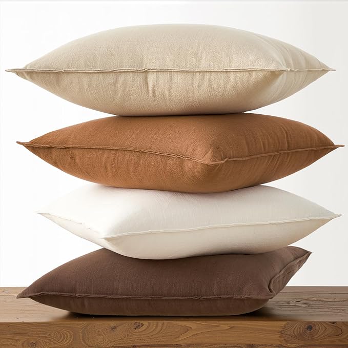 Neutral Brown Linen Pillow Covers Pack of 4 Decorative Natural Solid Throw Pillow Covers Soft Accent Boho Farmhouse Couch Pillowcases Modern Home Decors for Living Room Bed Sofa 18x18 Inch