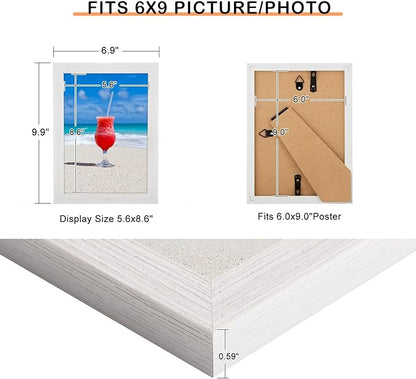 6x9 Picture Frame White, Rustic Natural 9x6in Photo/Portrait/Poster/Art Frame, Wall Hanging/Tabletop, Horizontal/Vertical Display Gallery Family Wedding Memorial Pic Frame Gift