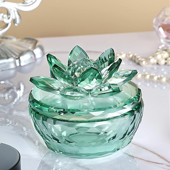 Crystal Jewelry Box, Small Glass Trinket Jar with Lid, Clear Lotus Flower Storage Holder for Women, Elegant Organizer Dish for Ring, Earrings, Necklace, Gift (Green)