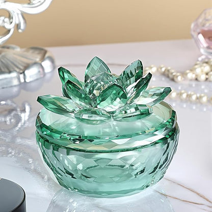Crystal Jewelry Box, Small Glass Trinket Jar with Lid, Clear Lotus Flower Storage Holder for Women, Elegant Organizer Dish for Ring, Earrings, Necklace, Gift (Green)