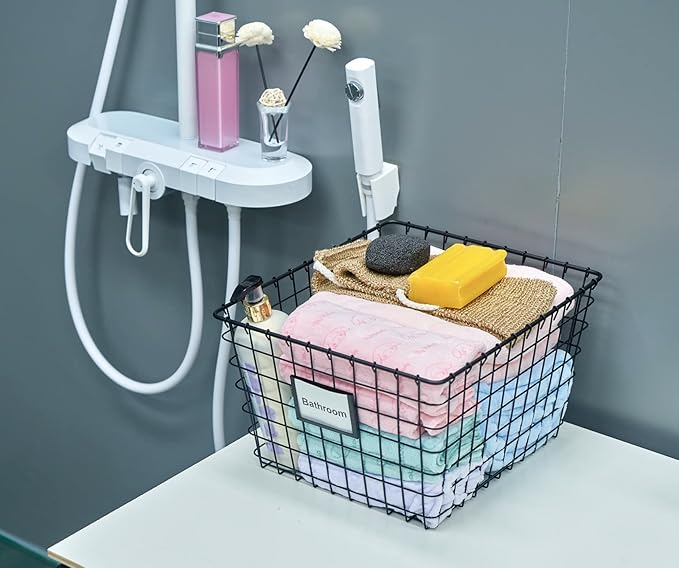 4 Pack【Large】 Wire Handmade Storage Basket for Organizing Household Goods,Pantry Organization,Bathroom countertop,Laundry,Wardrobe Storage Basket,Black