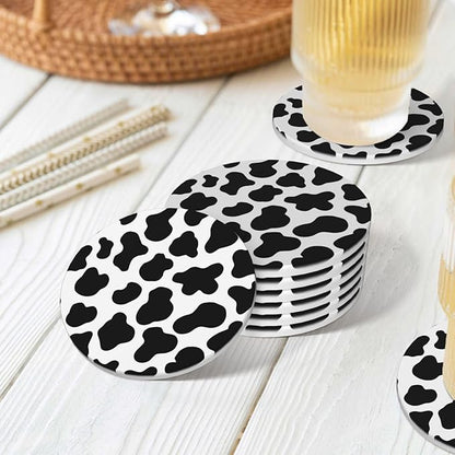 6 Pcs Ceramic Coasters with Holder Absorbent Drink Round Animal Cow White Black Spot Design for Home Table Coffee Cup Wine Beer Bar,Size 4.4 inches