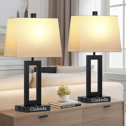 Table Lamp Set of 2 with USB C+A Ports & AC Outlet, Bedside Lamps, Modern Bedroom Lamps, Black Lamps for Night Stands Bedroom Living Room,Nightstand Lamp