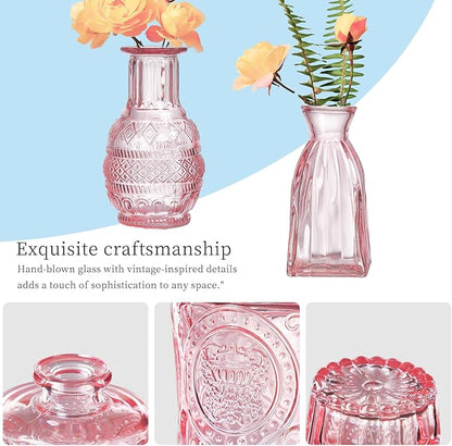 Glass Bud Vases Set of 64 - Pink Assorted Small Mini Glass Vases for Flowers, Crystal Vintage Vase Set, Bulk Centerpieces for Table Décor, Wedding, Home and Events (Pink, 64 Pcs)