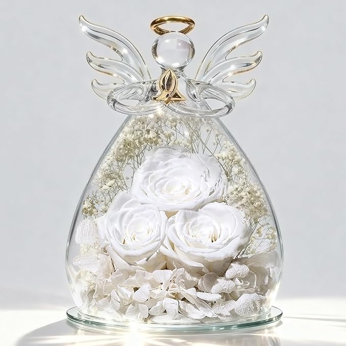 Beferr Valentines Day Rose Gifts for Her Women Mom Gifts for Birthday, Fresh Flowers for Delivery Prime Forever Preserved Rose in Glass Angel Figurine, for Grandma Wife Kids Daughter