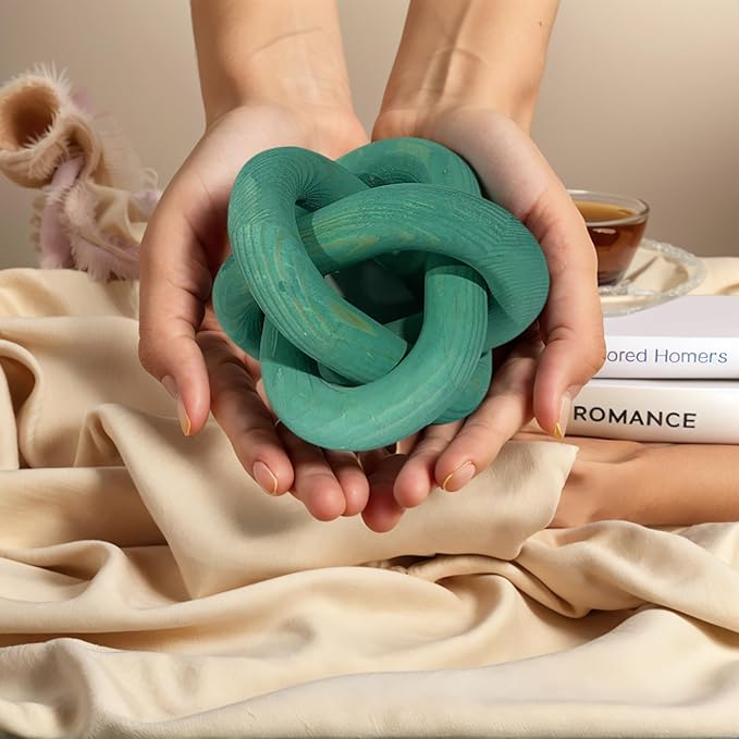 Wood Knot Decor -Coffee Table Decor Shelf Decor Table Books Hand Carved Home Decoration Boho Country Rustic Modern Shabby Chic Style 3 Link Wooden Knot Chain Link Decor (Green)