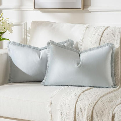 FUTEI Light Blue Velvet Decorative Throw Pillow Covers 12x20 Set of 2,Soft Cozy Edge with Tassels Lumbar Pillow Cases,Boho Modern Home Decor for Couch Bed Living Room