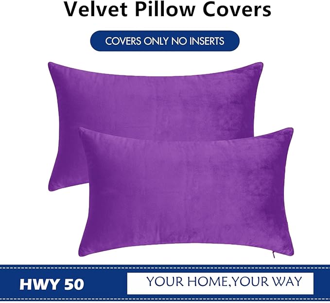 HWY 50 Purple Velvet Rectangular Throw Pillow Covers 12x20 Inch, Pack of 2 Soft Cozy Solid Decorative Luxury Cushion Cases for Couch Sofa Bed Living Room Bedroom