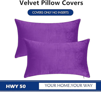 HWY 50 Purple Velvet Rectangular Throw Pillow Covers 12x20 Inch, Pack of 2 Soft Cozy Solid Decorative Luxury Cushion Cases for Couch Sofa Bed Living Room Bedroom