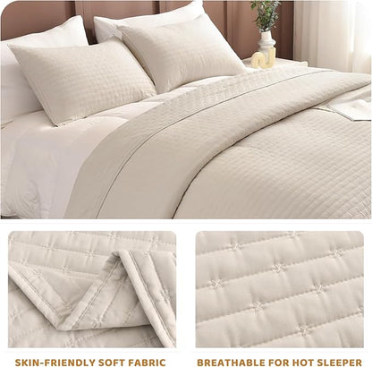 Sanracie Oversized Cal King Bedspread 128"*120" for Extra Bed, 3pcs 100% Cotton Quilt Wheat Colored Ultra Large Wide Oversized King Plus Coverlet Thin Comforter Ultra Soft and Cozy