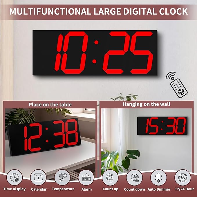 18.7‘’Large Digital Wall Clock,LED Digital Clock with Big Number,Multi-Function Remote Controlled Wall Clock with Timer, Alarm and Calendar Display(Red)