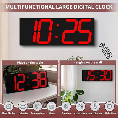 18.7‘’Large Digital Wall Clock,LED Digital Clock with Big Number,Multi-Function Remote Controlled Wall Clock with Timer, Alarm and Calendar Display(Red)