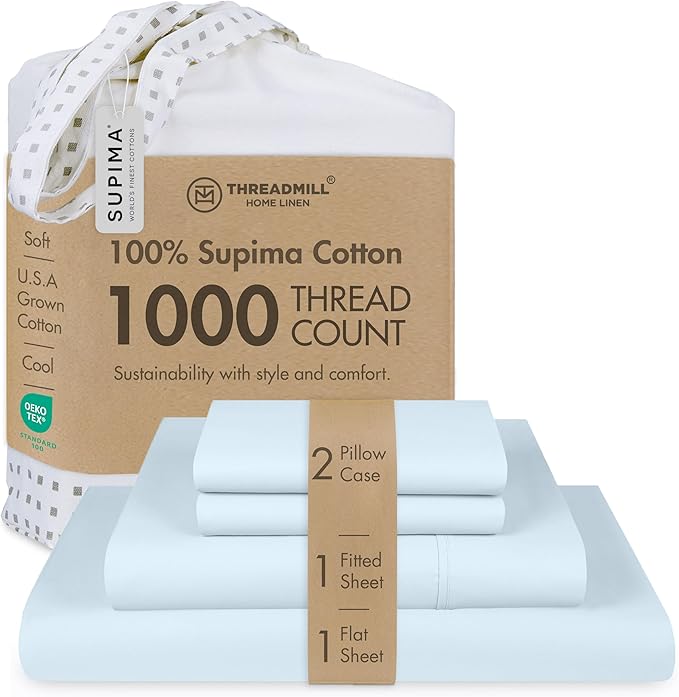 Threadmill Luxury Full Size Sheets for Full Size Mattress, 1000 Thread Count Supima Cotton Sheets for Full Mattress, 5-Star Hotel Quality 4 Piece Bed Sheets with Extra Deep Pocket, Light Blue