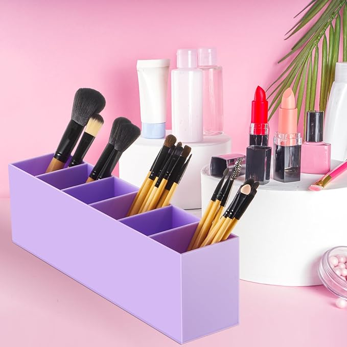 Jetec Acrylic Pen Holder 6 Compartments Makeup Brush Stationery Organizer Pencil Holder for Desk Accessories, Cosmetic Brushes, Dorm, Home, Bathroom, Kitchen, Office Supplies(Purple)