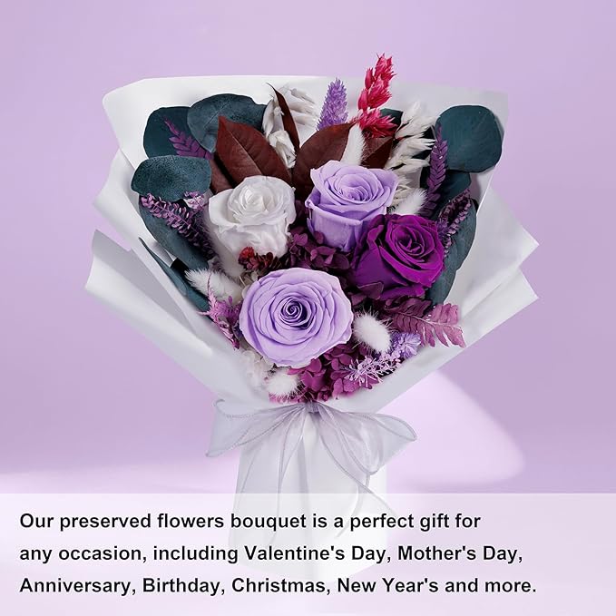 Flowers Gifts for Mom, Flower for Delivery, Preserved Roses Bouquets, Purple Roses, Birthday Gifts for Women, Mothers Day Flowers for Wife