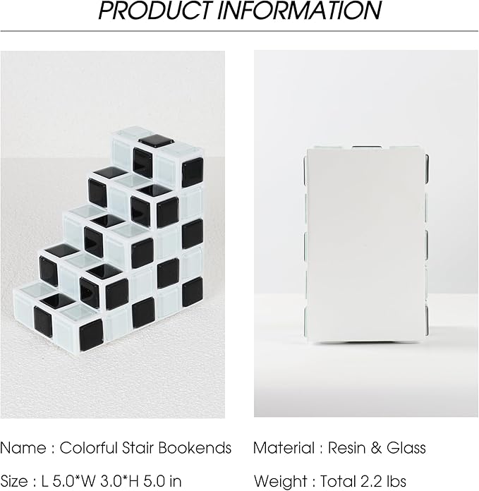 Decorative Bookends for Shelves - Stair Book Ends for Heavy Books - Unique Book Stopper & Holder for Shelves - Modern Home Decor Aesthetic Bookshelf Decor (Black & White)