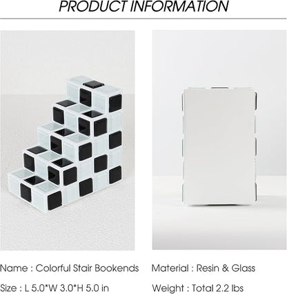 Decorative Bookends for Shelves - Stair Book Ends for Heavy Books - Unique Book Stopper & Holder for Shelves - Modern Home Decor Aesthetic Bookshelf Decor (Black & White)