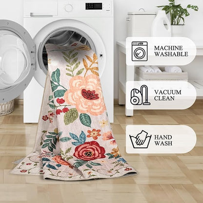 DUKINO 3x5 Area Rug, Floral Rugs for Entryway, Lightweight Non Slip Washable Rug, Indoor Low Pile & Non-Shedding Boho Design Rugs for Bedroom, Living Room, Dining Room, Kitchen, Beige