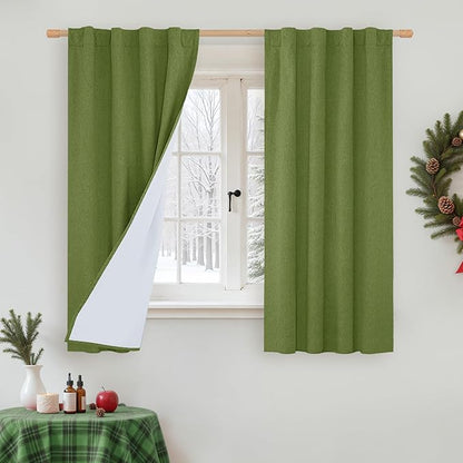 LAMIT 100% Blackout Linen Curtains for Bedroom, 45 Inches Linen Textured Thermal Window Drapes Back Tab and Rod Pocket Christmas Panels with White Liner, 2 Panels, 38 x 45 Inch, Olive Green