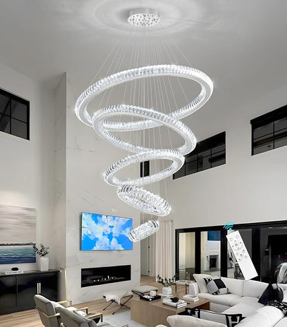 Modern Chandelier 8"+16"+24"+32"+40" 5 Rings Crystal LED Dimmable Lighting Foyer Entryway High Ceiling Living Room Chanderliers Pendant Lights Fixtures Silver Light