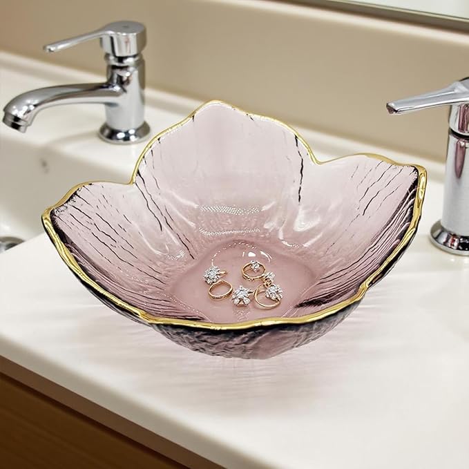 Small Flower Ring Dish Jewelry Tray, Pink Glass Jewelry Dish Tray, Nightstand Decor Jewlery Plate, Gifts for Mom, Crystal Ring Holder for Women, Bathroom Jewelry Bowl Trinket Tray Soap Dish